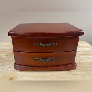 Vintage Wooden Jewelry Music Box with Mirror and Drawers